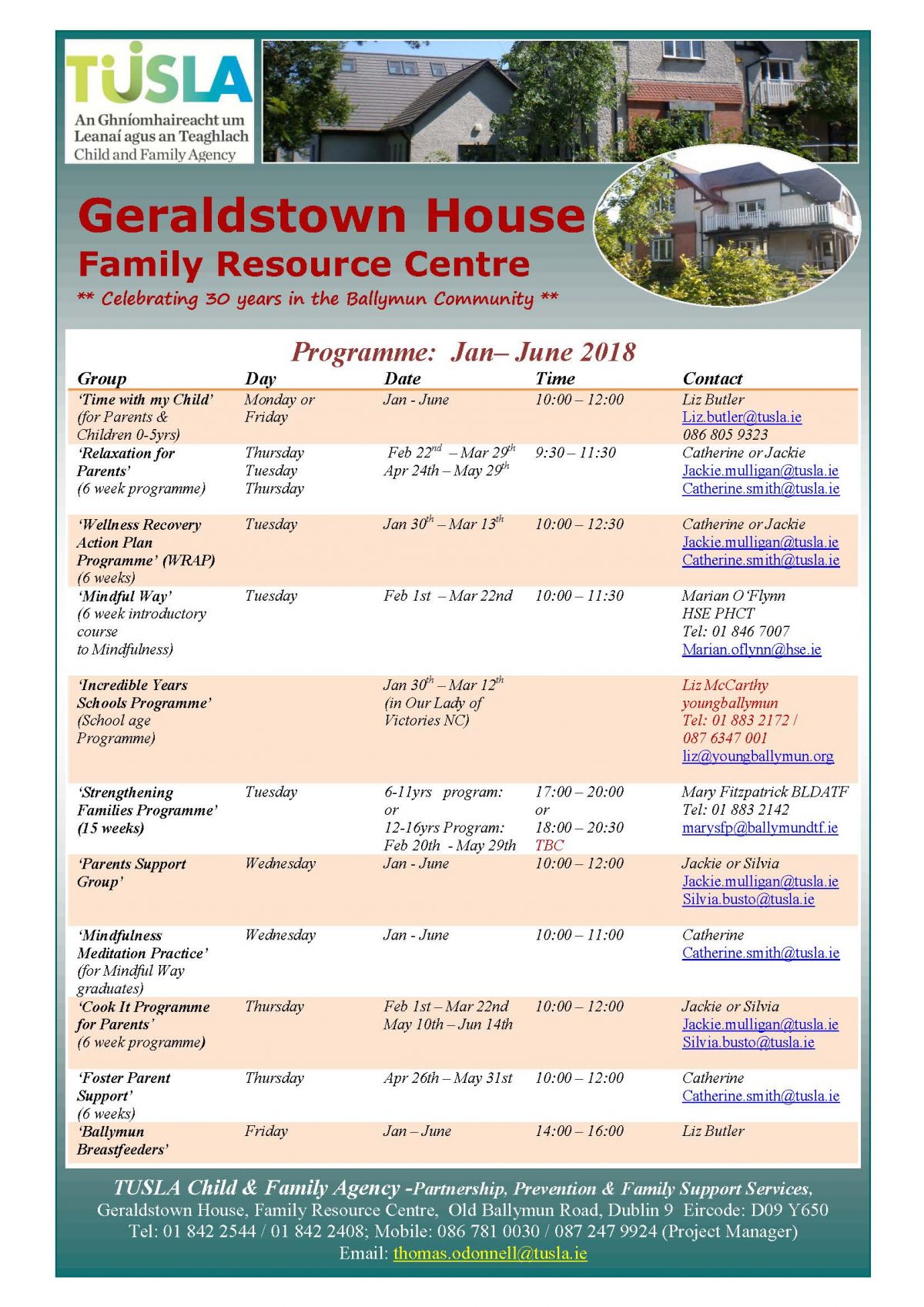 Geraldstown House, Family Resource Centre Programmes 2018